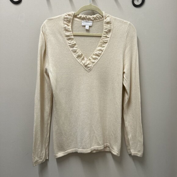 Charter Club Womens Cashmere Sweater Ivory L V-Neck Ruffle Trim  Classic Preppy - Picture 2 of 9